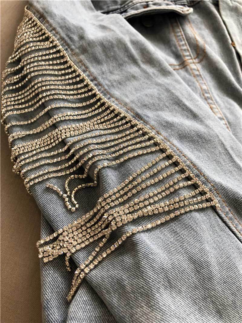 Boho inspired denim jacket women fashion coasts bling rhinestone chaines long sleeves blue vintage loose jacket women new 201017