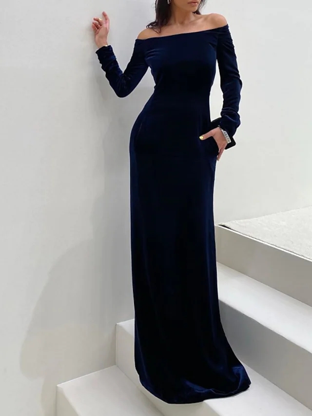 Dark Navy Engagement Prom Dress Off Shoulder Long Sleeve Floor Length Velvet Formal Party Gown New Vestidos Fiesta Robe De Soiree 2022