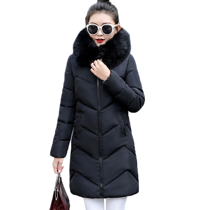 Winter Coat Women Thicken Down Cotton Jacket Hooded Fur Collar Mid-Long Outerwear Warm Snow Cotton Padded Jacket 201217