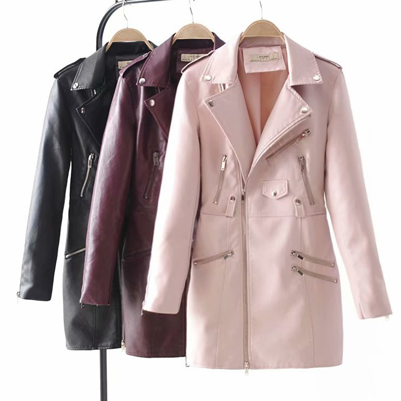 Slim slim collar long sleeve winter female PU leather jacket fashion fight receive waist 201017