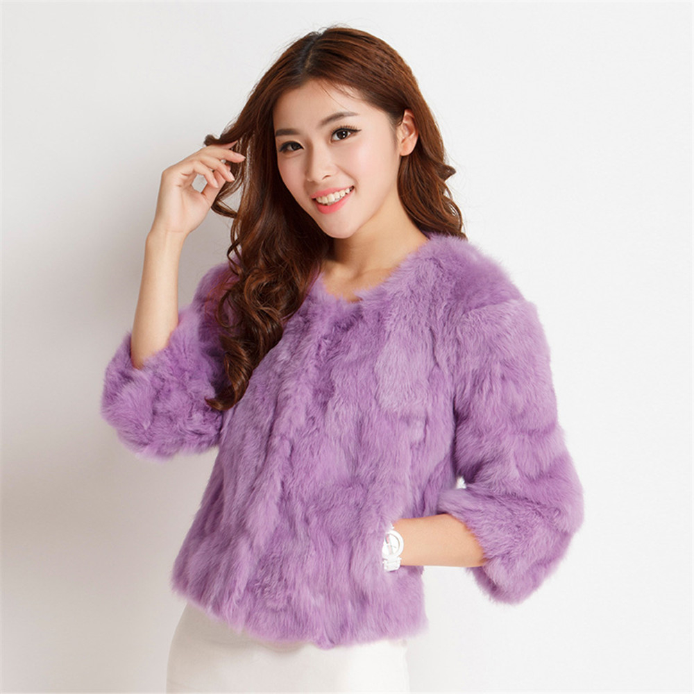 Ethel Anderson Women's Real Rabbit Fur Coat Natural Rabbit Fur Classic O-Neck Fashion Slim Thin Rabbit Fur Coat T200319