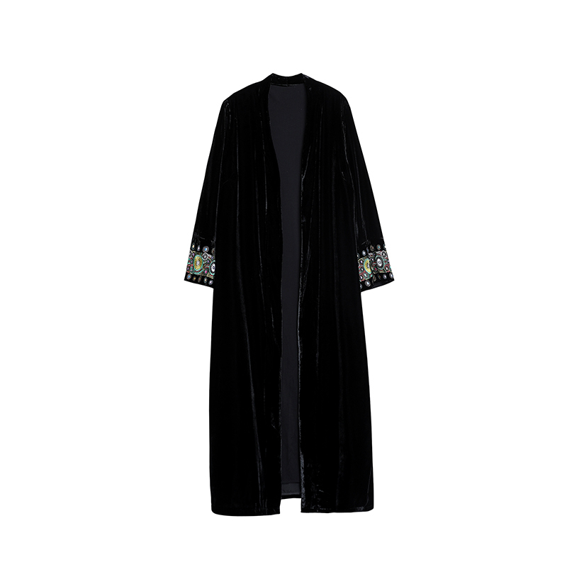 Sleeve exquisite Embroidery Vintage Velvet Kimono Trench New women V neck Mid Long Windbreaker Coat Outerwear 201103