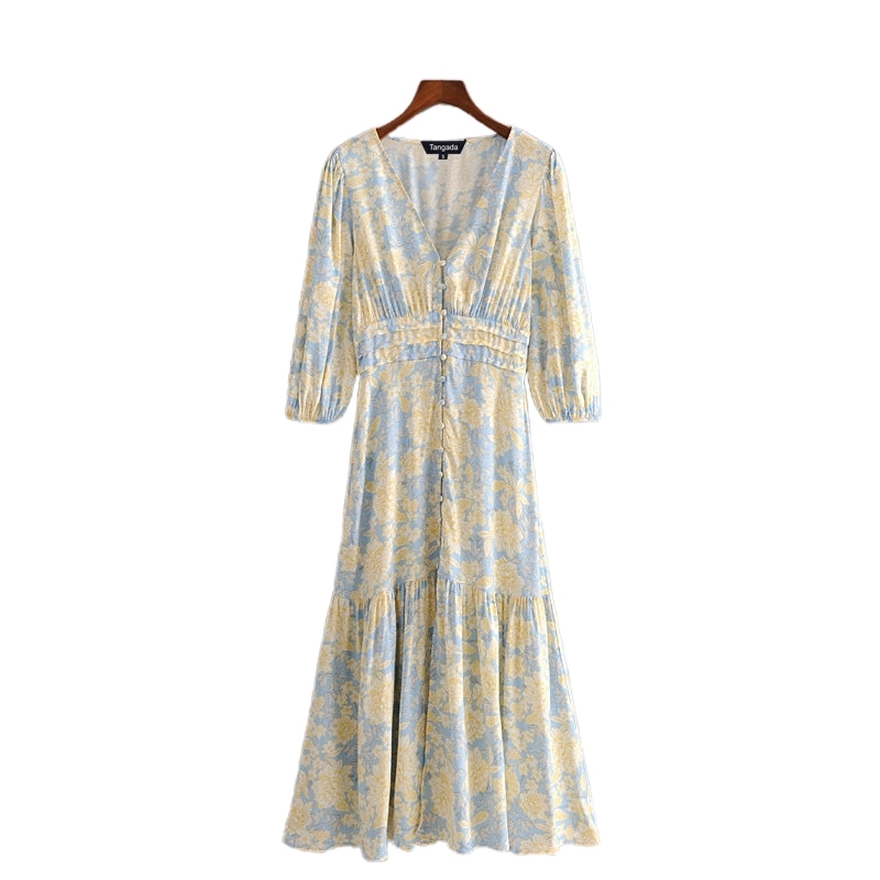 Tangada fashion women yellow floral midi dress short sleeve buttons ladies elegant v neck vintage dress 3H394 T200613