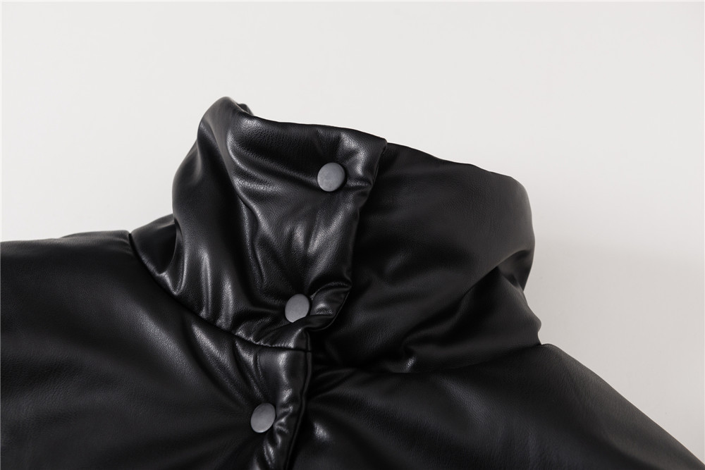 Women Black Jacket Faux Leather Turtleneck Long Sleeve Buttons Winter Female Casual Short Coat with Pockets 201029
