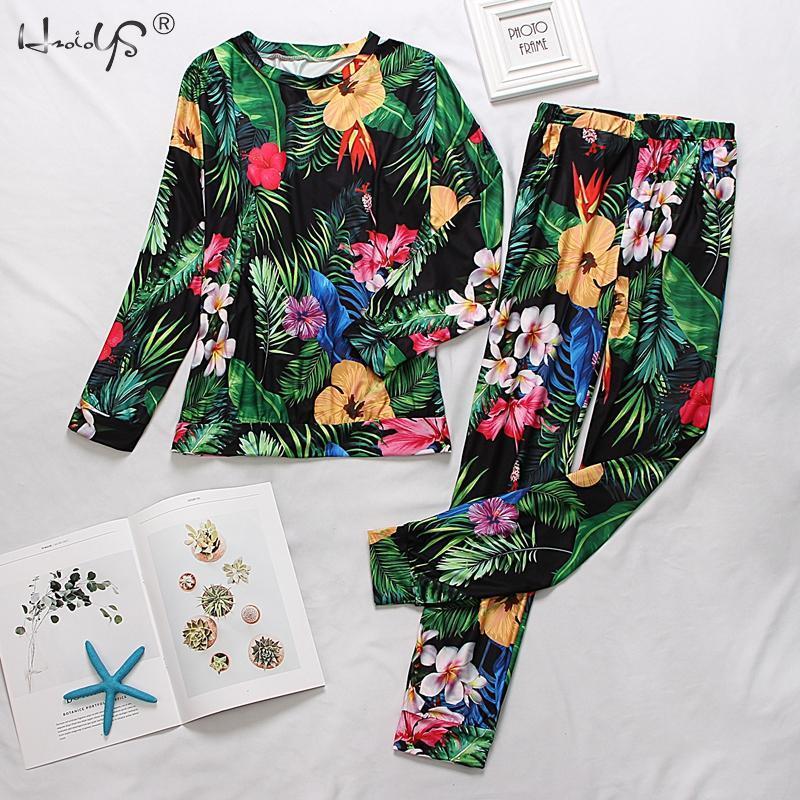 Autumn Winter Floral Pajamas Set Women's Long Sleeve Round Neck Loose Soft Plus Size Pyjamas women sleepwear Female Homewear 201113
