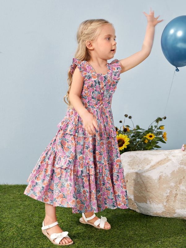 Toddler Girls Allover Floral Print Backless Butterfly Sleeve Layered Ruffle Hem Dress SHE