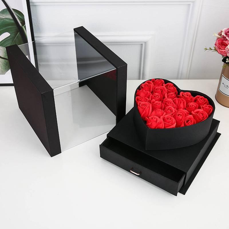 Rose flower box Acrylic Transparent cube Square Window Drawer Box Love Gift party wedding Floral Packaging heart-shaped
