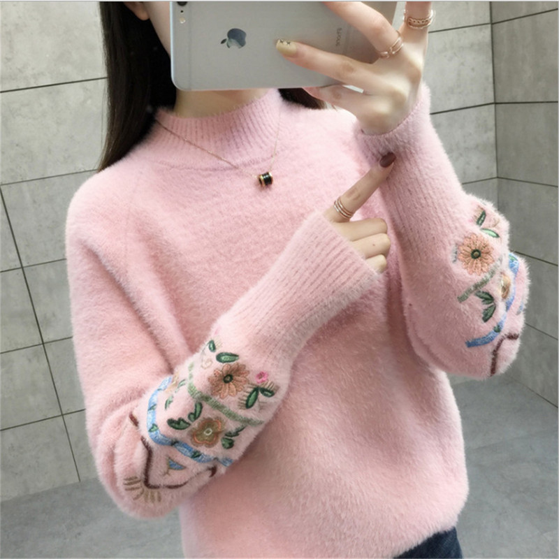 Women O-neck Wool Sweaters Long Sleeve Knitted Casual Embroidery Pullovers Thick Autunm 201222