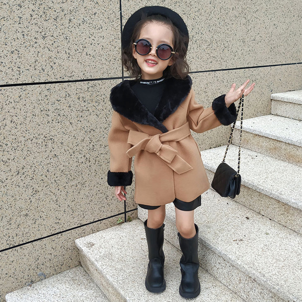 Winter warm girls woolen coat baby blends kids outwear children fashion clothes fake fur velvet collar cuff lacing 2 to 7 yrs, Khaki 
Winter warm girls woolen coat baby blends kids outwear children fashion clothes fake fur velvet collar cuff lacing 2 to 7 yrs, Khaki