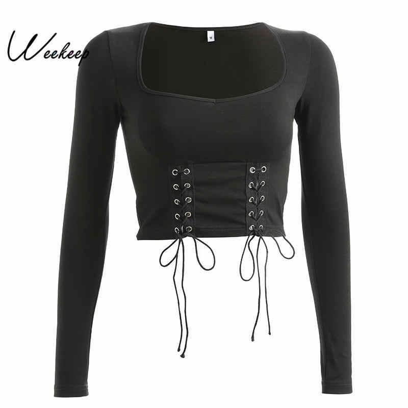 Weekeep Women Black Square Collar t shirt Cropped Bandage Hollow Out Long Sleeve tshirt High Street tee shirt femme Crop Top Y200412
Weekeep Women Black Square Collar t shirt Cropped Bandage Hollow Out Long Sleeve tshirt High Street tee shirt femme Crop Top Y200412