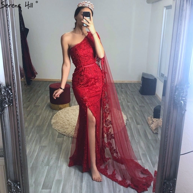 Champagne One Shoulder Mermaid Sexy Evening Dressese Sleeveless Lace Pearls Formal Dress Serene Hill LA70181 201114