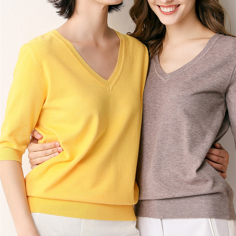 Ladies Spring Summer Women Sweaters Pullovers Solid V Neck Half Sleeve Knitted Jumper Thin Soft Slim Casual Sweater Tops Female 201225