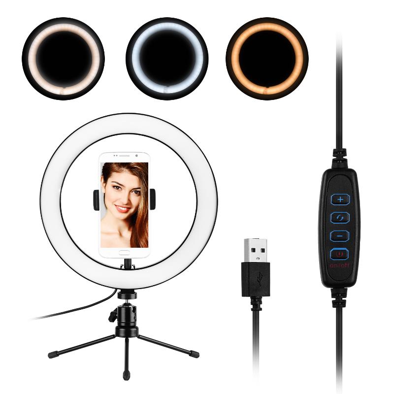 

10inch LED Ring Light Photography Fill-in Lamp with Phone Holder Mini Desktop Tripod for Live Video Recording Broadcast Makeup