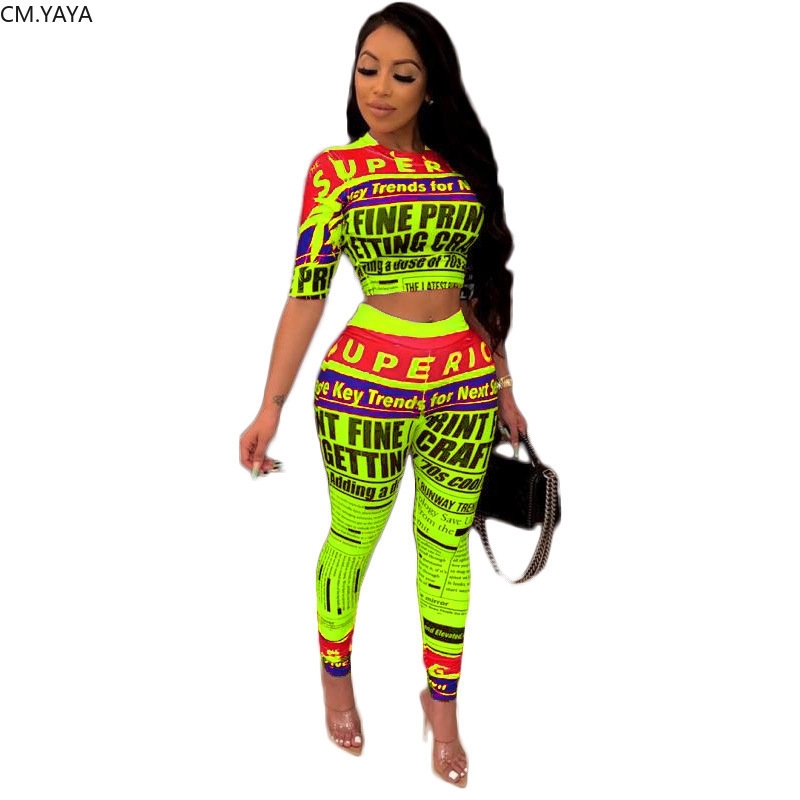 Women summer letter newspaper print short sleeve o-neck tee pencil pants suit two piece set sporty tracksuit outfit GLA8111 T200603