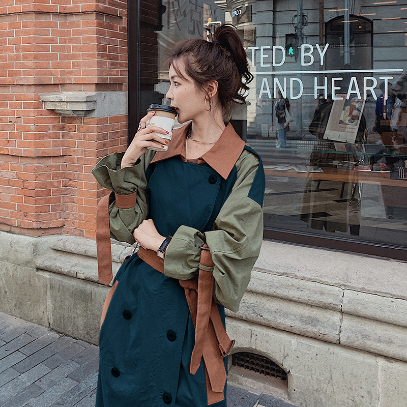 [DEAT] New Autumn Fashion Women Trench Coat Hit Color Patchwork Full Sleeve Lapel Collar Casual Loose Wild With Belt TX881 201102
