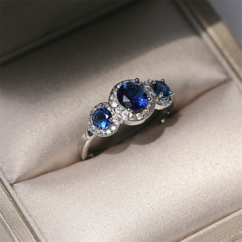 Sterg Sier Three Stone Blue Sapphire CZ Dia Wedding Engagement Ring for Women