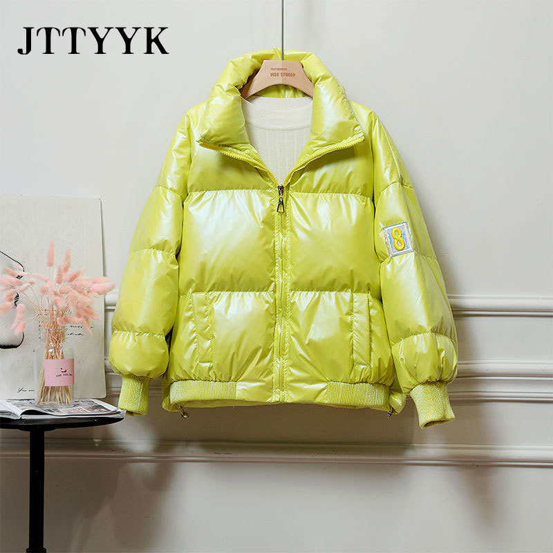2020 New Winter Short Parka Loose Candy Color Glossy Down Coat Jacket Women Korean Sweet Stand Collar White Duck Down Overcoat T200810