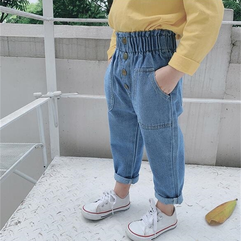 Arrival Autumn Baby Girls Denim Pants Children Kids Solid Jeans High Waist with Bottons Fashion Cute Girls Jeans LJ201127