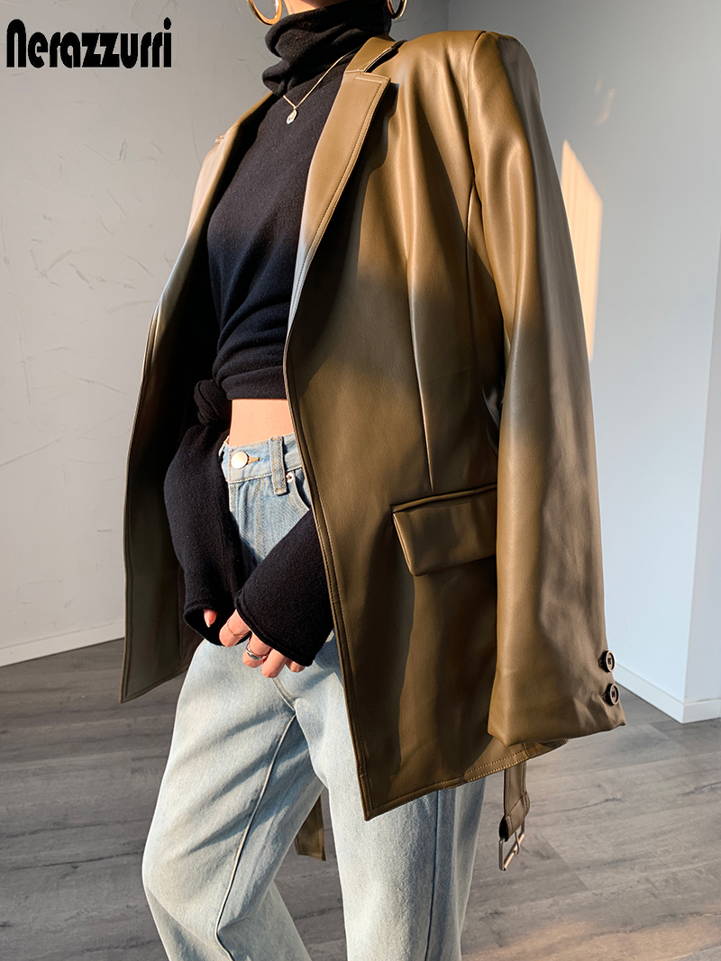 Nerazzurri Autumn light soft leather blazers women belt long sleeve pu faux leather jacket women Plus size fashion 5xl 201020