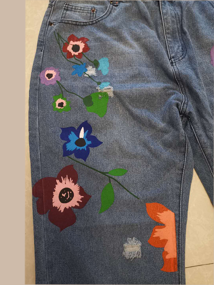 Women's fashion printed flowers jeans thin washed denim trousers casual full length pants large size S5XL 201105