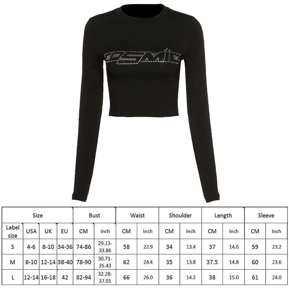 E-girl Rhinestone Letter Printed Tshirt Woman Street Bodycon Slim Y2k Crop Tops Female Soft Long Sleeve Basic 90s Aesthetic Tees 201028