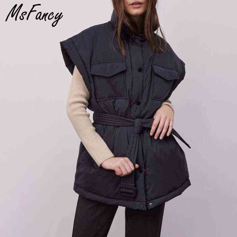 Msfancy Green Quilted Vest Women Winter Stand Collar Gilet Femme Fashion Pockets Tunic Lace-up Chaleco Mujer Outwear 211220