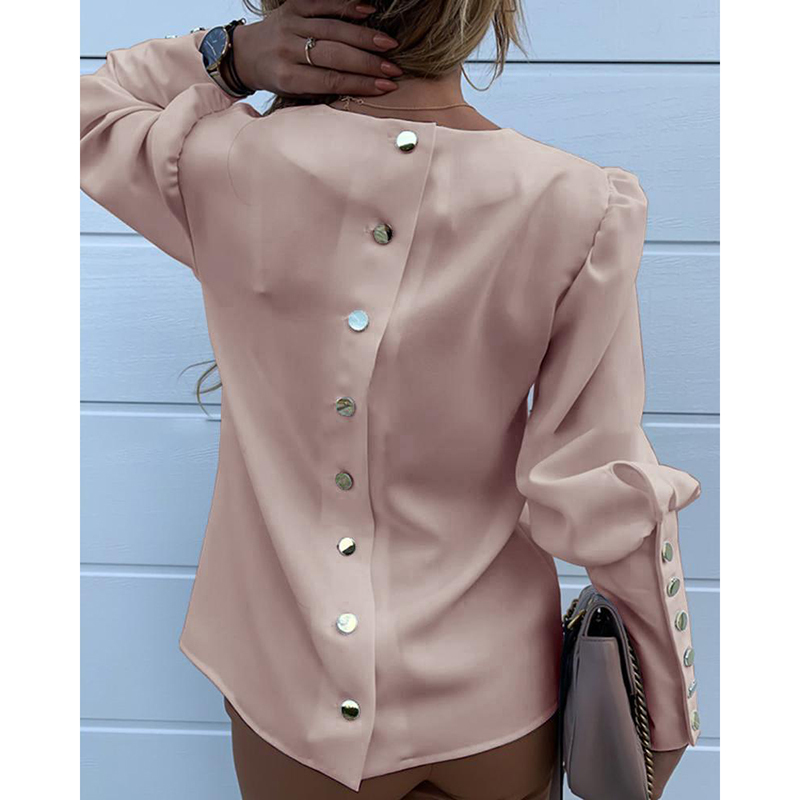 Women Clothing Solid O Neck Buttons Elegant Casual Blouse Office Ladies Plus Size S3XL Allmatch Long Sleeve Shirt SJ4764E T200322