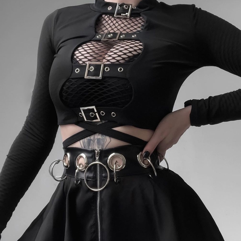 InsGoth Sexy Women Crop Tops Hollow Out Buckle Long Sleeve Female Bodycon Tops Gothic Punk Black Tops Streetwear Party Lady Tee Y200412
InsGoth Sexy Women Crop Tops Hollow Out Buckle Long Sleeve Female Bodycon Tops Gothic Punk Black Tops Streetwear Party Lady Tee Y200412
