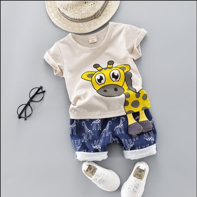 Summer Kids Baby Clothes Set For Boys 0-4 Years CLOTH Cut Cartoon Animal Infant Clothing Suit Giraffe Top T-shirt Toddler Outfit 201126