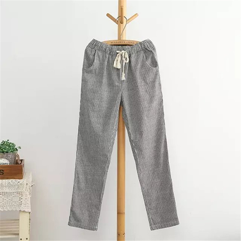 GAOKE Cotton Linen Women Casual Pants Fashion Loose Long Pants Elastic Waist Straight Striped Trousers Pantalon 201106
