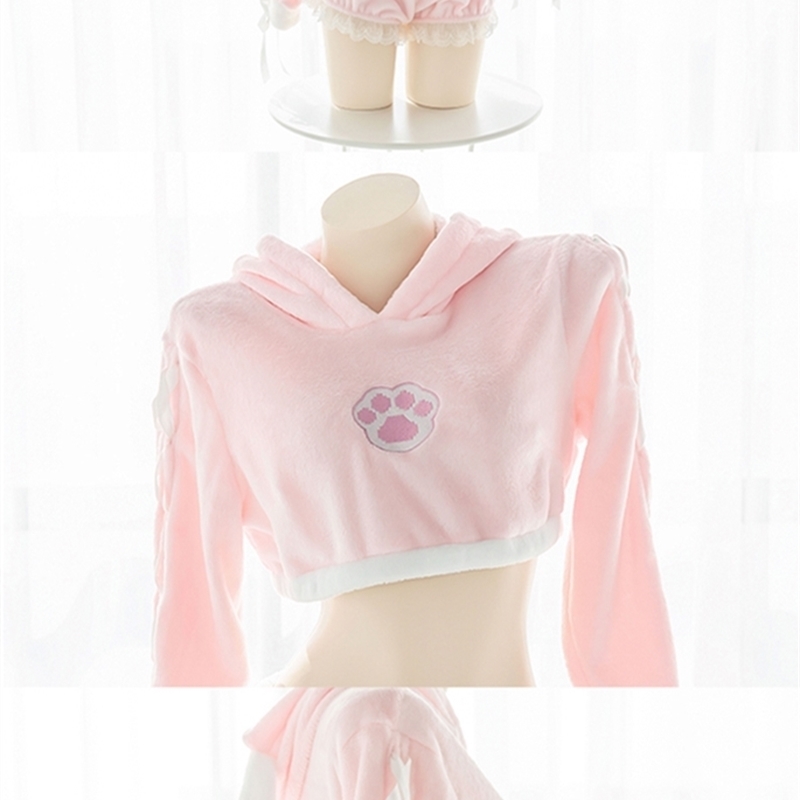 Japanese Lolita Sweet Girl Pajamas Set Kawaii Cat Paw Sexy Bunny Plush Homewear Pink Cropped Hoodies Rabbit Sleepwear 201114