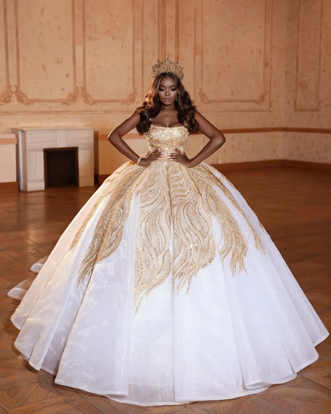 2022 Plus Size Arabic Aso Ebi Luxurious Sparkly Sexy Wedding Dress Sequined Lace White Gold Bridal Gowns Dresses ZJ722