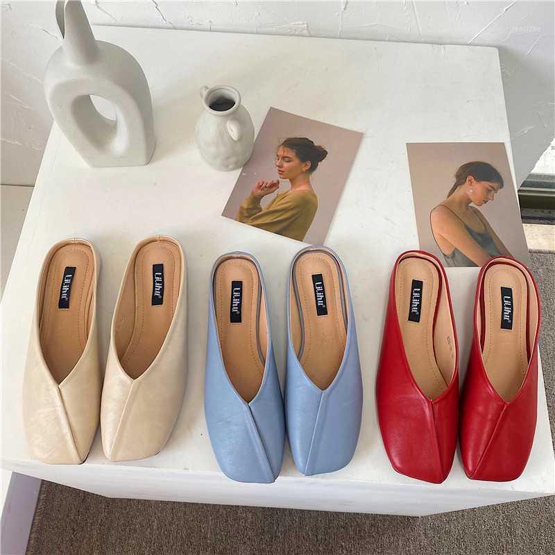 New Designer Women Slippers Slip On Mules Flat Heel Casual Shoes Elegant Square Toe Women Slippers Slides Outdoor Beach Shoes1, Beige