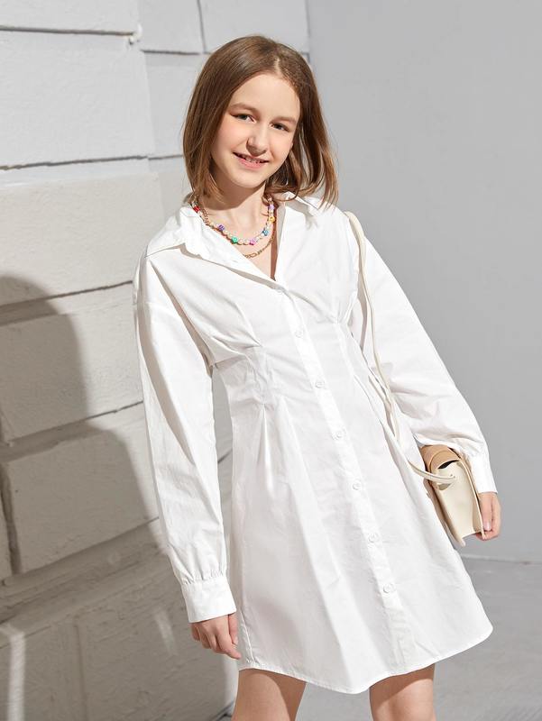 Teen Girls Solid Collared Button Up Shirt Dress SHE