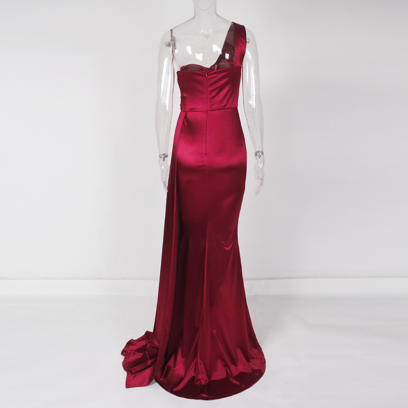 Elegant One Shoulder Maxi Dress Robe Burgundy Sleveless Draped Bodycon Floor Length Long Evening Party Dress Gown T200604