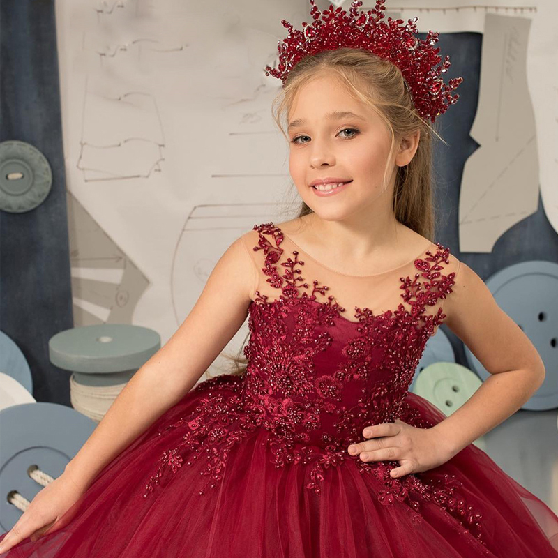 Bury Ruffles Flower Girls Dresses Beaded Ball Kids Birthday Party Gown Tier Tulle Lace Appliques Child Comunion Dress 0516