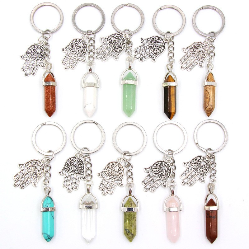 Natural Crystal Hexagon Stone Hamas Palm Hand Charm Keychain Car Bag Key Chain Ring for Men Women Gifts