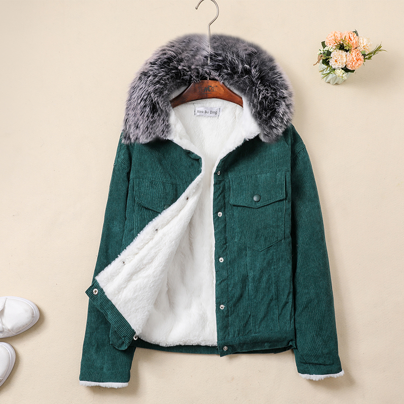 Big Fur Winter Corduroy Jackets Women Warm Lamb Fur Lining Coats Casual Fashion Female Bomber Jacket Student Short Outerwear 201019