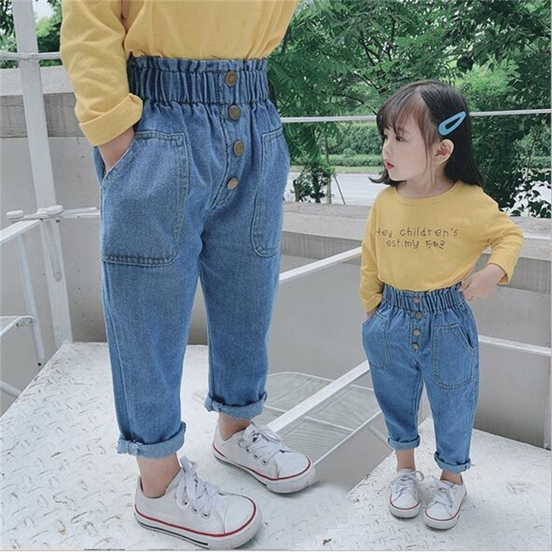 Arrival Autumn Baby Girls Denim Pants Children Kids Solid Jeans High Waist with Bottons Fashion Cute Girls Jeans LJ201127