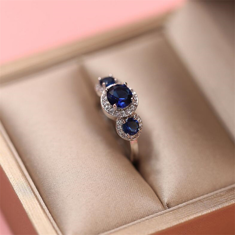 Sterg Sier Three Stone Blue Sapphire CZ Dia Wedding Engagement Ring for Women