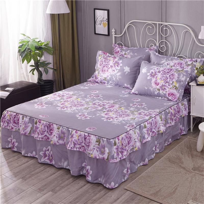 

Double Layer rufflers bed skirt floral blossom bed set elastic sheets set 160cmX200cm/180cmX200cm 3Pcs Bedskirt Pillow shams, Color 8