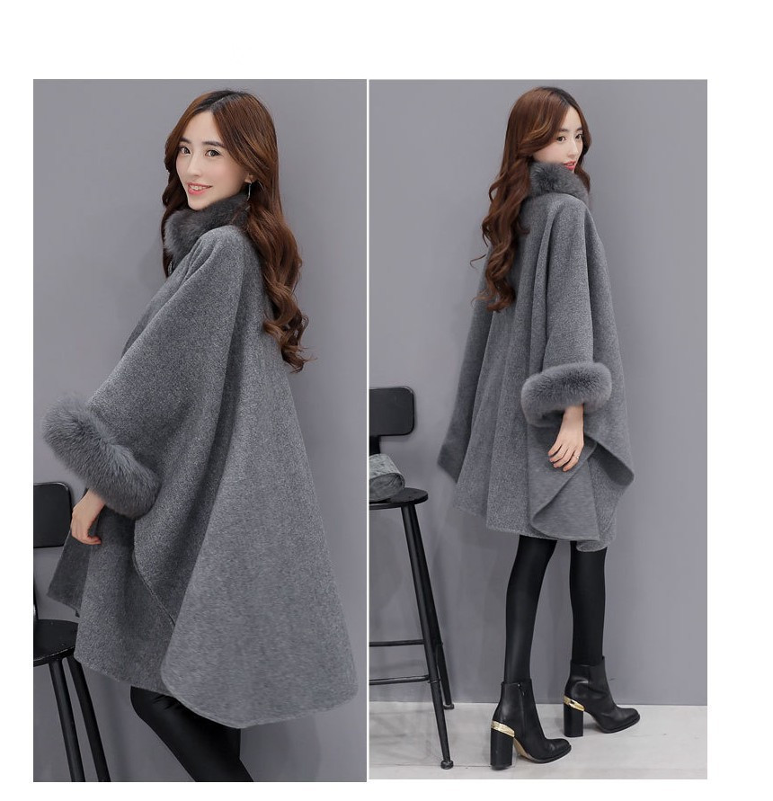 Ponchos and Capes Women Christmas Fashion Flare Sleeve Faux Fox Fur Collar Winter Wool Cloak Cape Coat Poncho Long Overcoat 201028