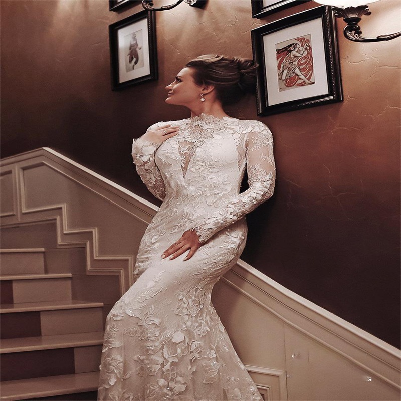 High Neck Mermaid Wedding Dresses Long Sleeves Appliqued Lace Bridal Gowns Sexy Illusion Sweep Train Custom Made Robes De Mariée