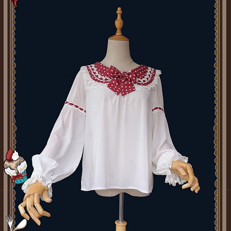 Sweet Lolita Chiffon Blouse Long Sleeve White Top with Polka Dot Ear Collar, Navy blue
Sweet Lolita Chiffon Blouse Long Sleeve White Top with Polka Dot Ear Collar, Navy blue