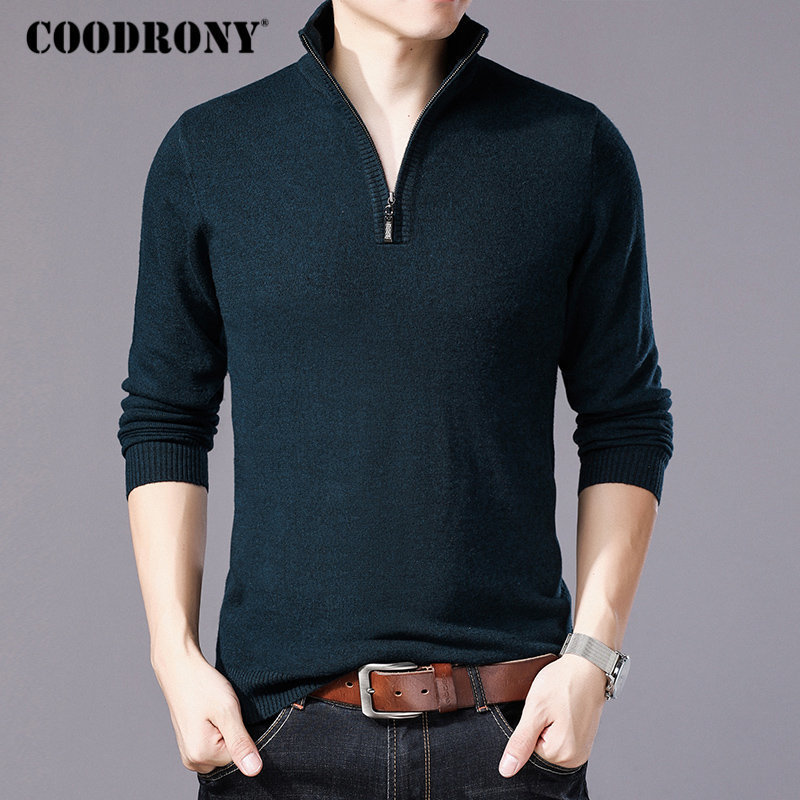COODRONY Merino Wool Sweater Men Casual Zipper Turtleneck Pullover Men Autumn Winter Thick Warm Mens Sweaters Pull Homme W001 201118