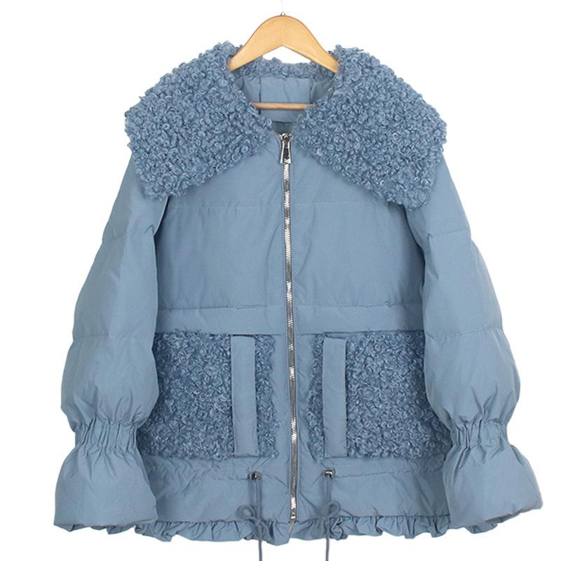 High quality winter Korean fashion down jacket women lamb hair stitching down jacket warm winter short women, Blue