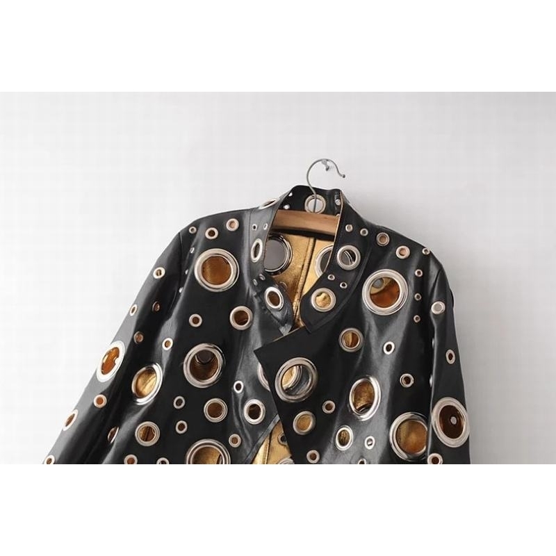 Spring Personality PU Round Hole Women Jacket Gold Black Silver Color Stand Collar Long Sleeve Coat Leather Clothing Top 201026