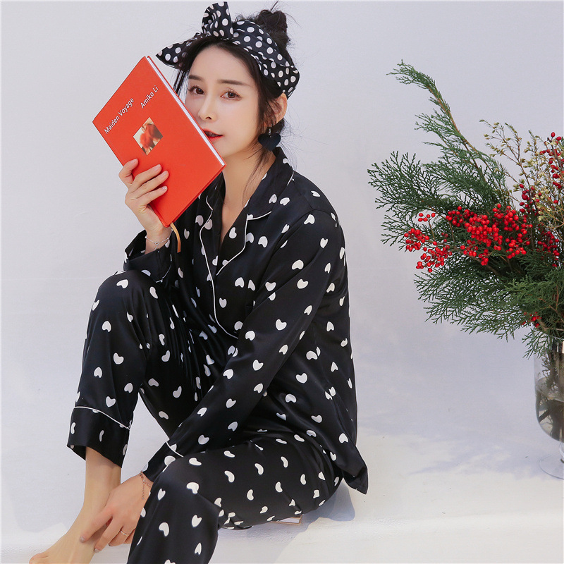 MECHCITIZ silk pajamas for women autumn spring pijamas set full length top and pants home suit white black sleepwear clothing 210203