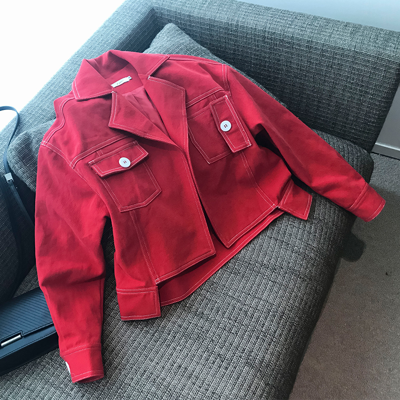 Mishow 2019 Spring And Autumn Women Denim Jacket Vintage Cropped Short Denim Coat LongSleeve Slim Red Jeans tops T200319