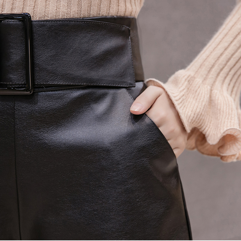Korean PU Faux Leather Shorts Women Autumn High Waist Wide Leg Short Ladies Plus Size Sexy Black Belted Short Femme 7774 50 T200113